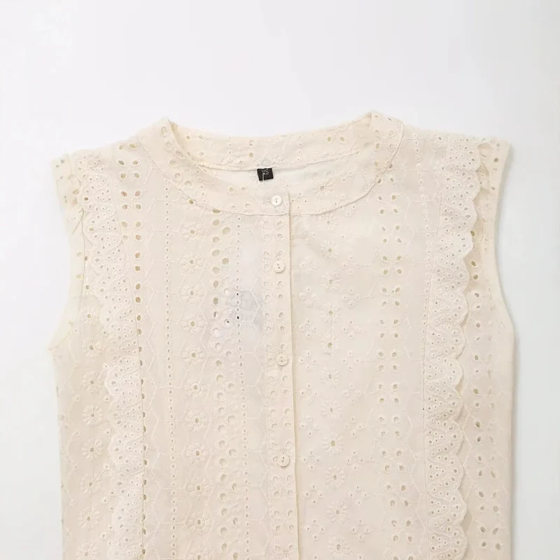 Damen Broderie‑Anglaise Bluse mit Rundausschnitt, Ballonärmeln und Spitzenbesatz Drune