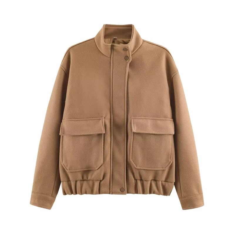 Damen Boxy-Übergangsjacke aus Wollmix mit Stehkragen, aufgesetzten Klappentaschen und elastischem Saum Drune