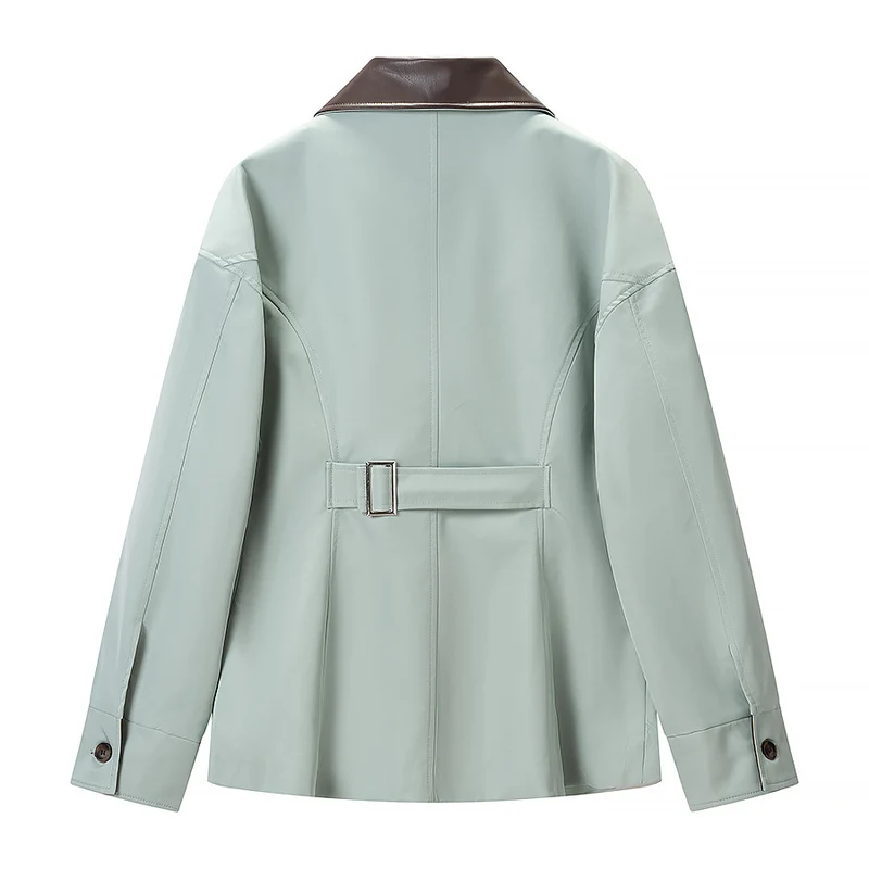 Damen Boxy-Übergangsjacke aus veganer Glattlederoptik mit kontrastierendem Hemdkragen und Pattentaschen Drune