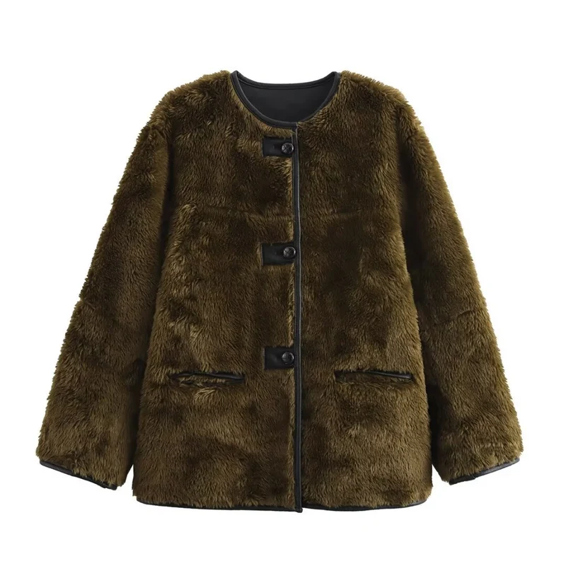 Damen Boxy-Teddyjacke im Faux-Shearling mit Rundhals, Knopfverschluss und Lederpaspeln Drune