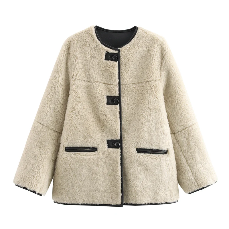 Damen Boxy-Teddyjacke im Faux-Shearling mit Rundhals, Knopfverschluss und Lederpaspeln Drune