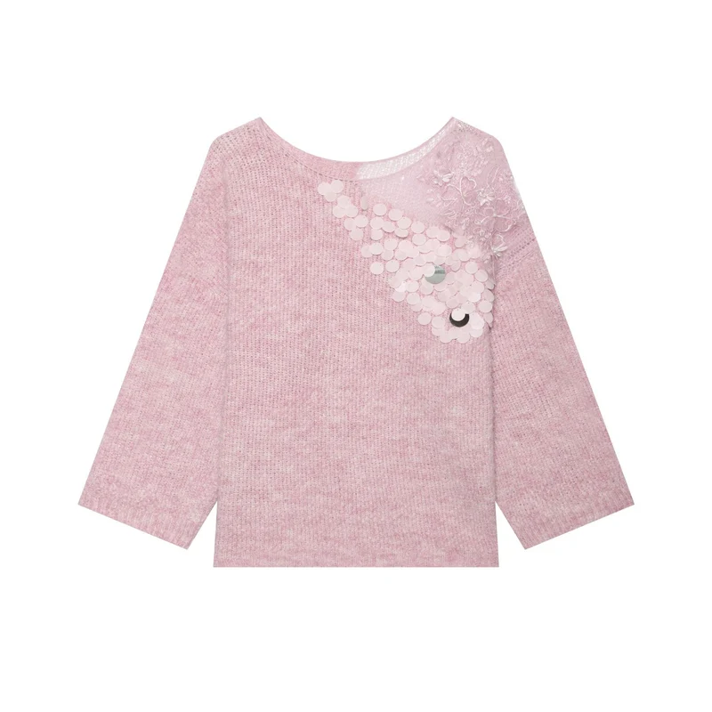 Damen Boxy-Strickpullover mit Pailletten-Applikation und Spitzenbesatz Drune