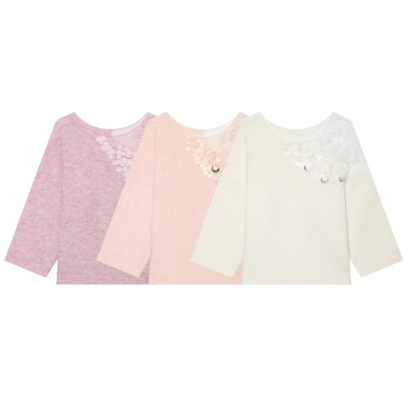 Damen Boxy-Strickpullover mit Pailletten-Applikation und Spitzenbesatz Drune