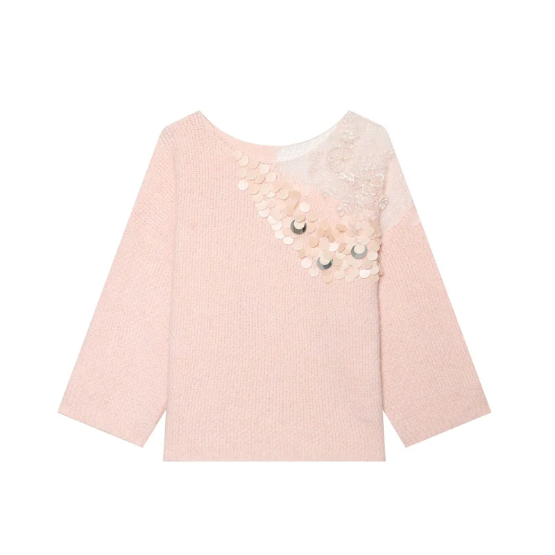 Damen Boxy-Strickpullover mit Pailletten-Applikation und Spitzenbesatz Drune