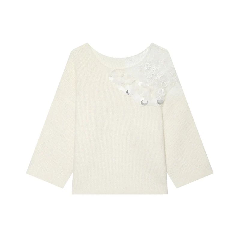 Damen Boxy-Strickpullover mit Pailletten-Applikation und Spitzenbesatz Drune