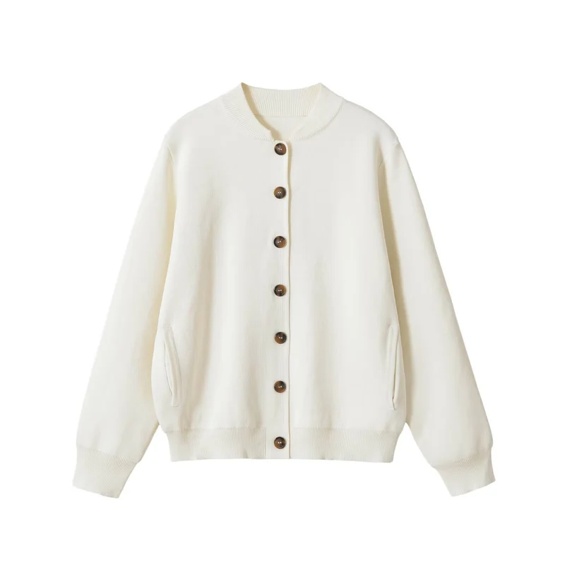 Damen Boxy-Strickjacke mit Stehkragen, Hornoptik-Knopfleiste und Eingrifftaschen Drune