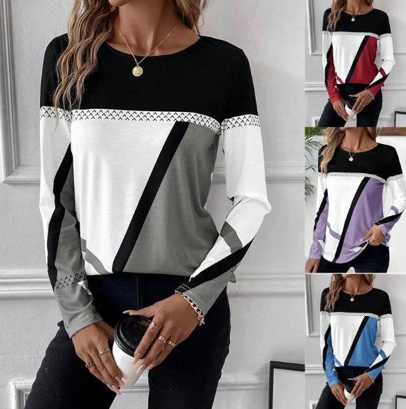 Damen Langarmshirt mit geometrischem Blockprint und Rundhalsausschnitt Drune