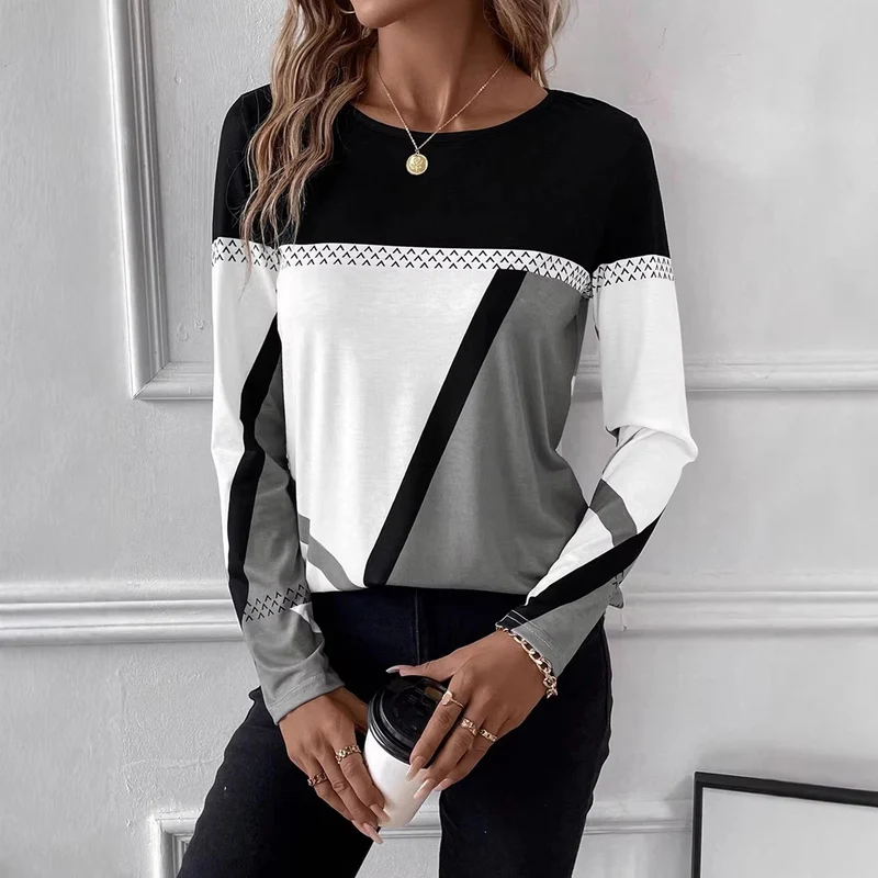 Damen Langarmshirt mit geometrischem Blockprint und Rundhalsausschnitt Drune