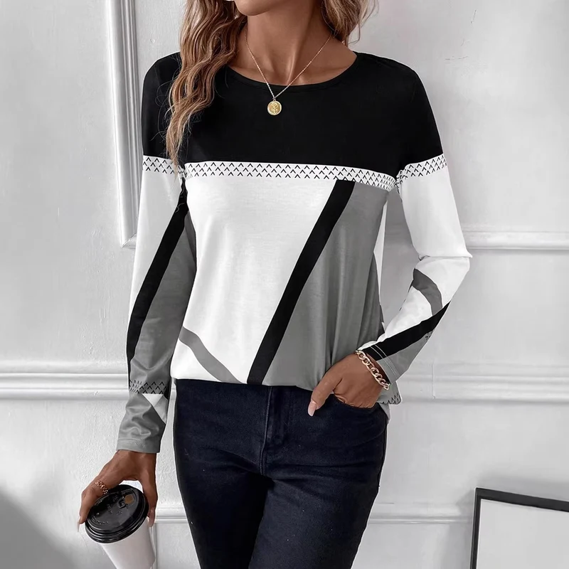 Damen Langarmshirt mit geometrischem Blockprint und Rundhalsausschnitt Drune
