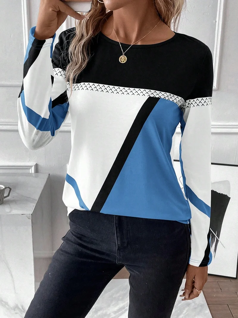 Damen Langarmshirt mit geometrischem Blockprint und Rundhalsausschnitt Drune