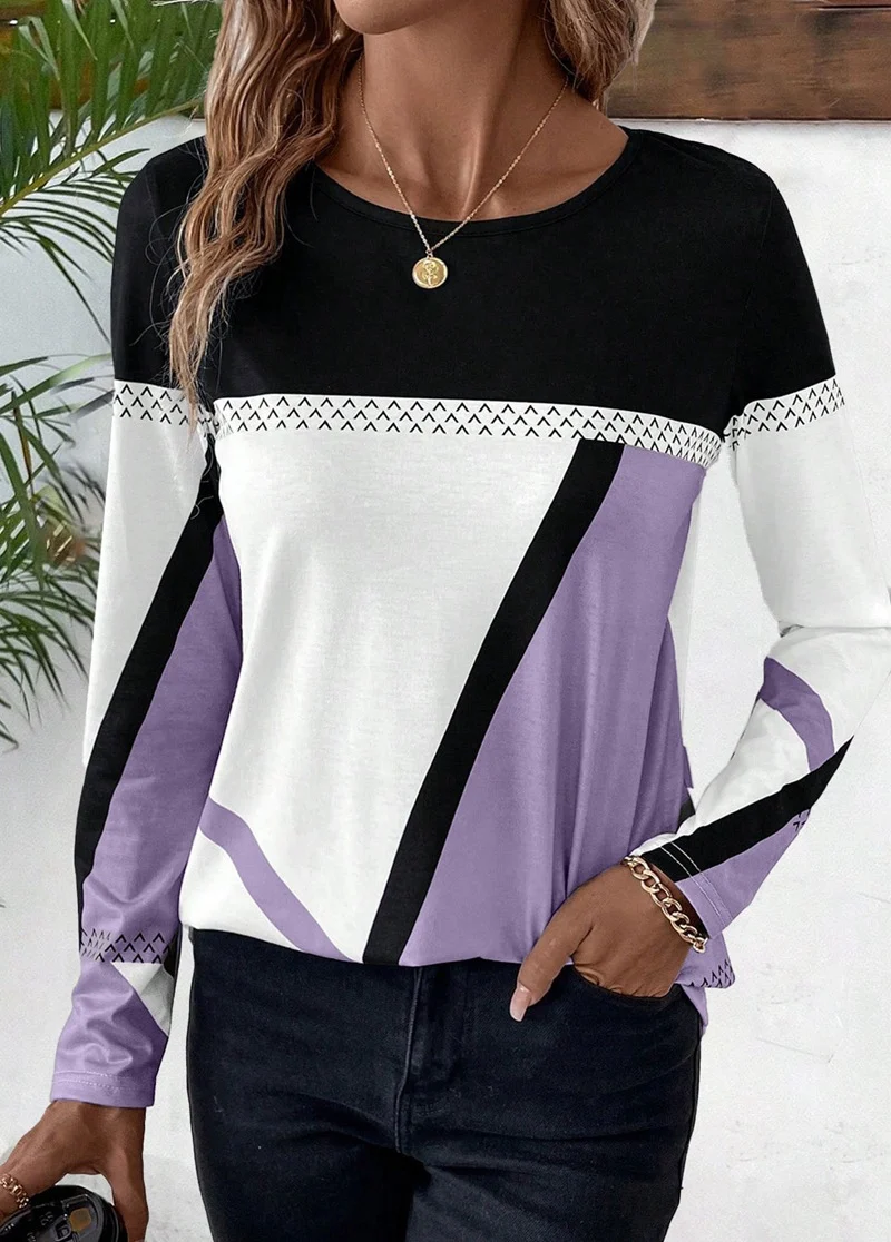 Damen Langarmshirt mit geometrischem Blockprint und Rundhalsausschnitt Drune
