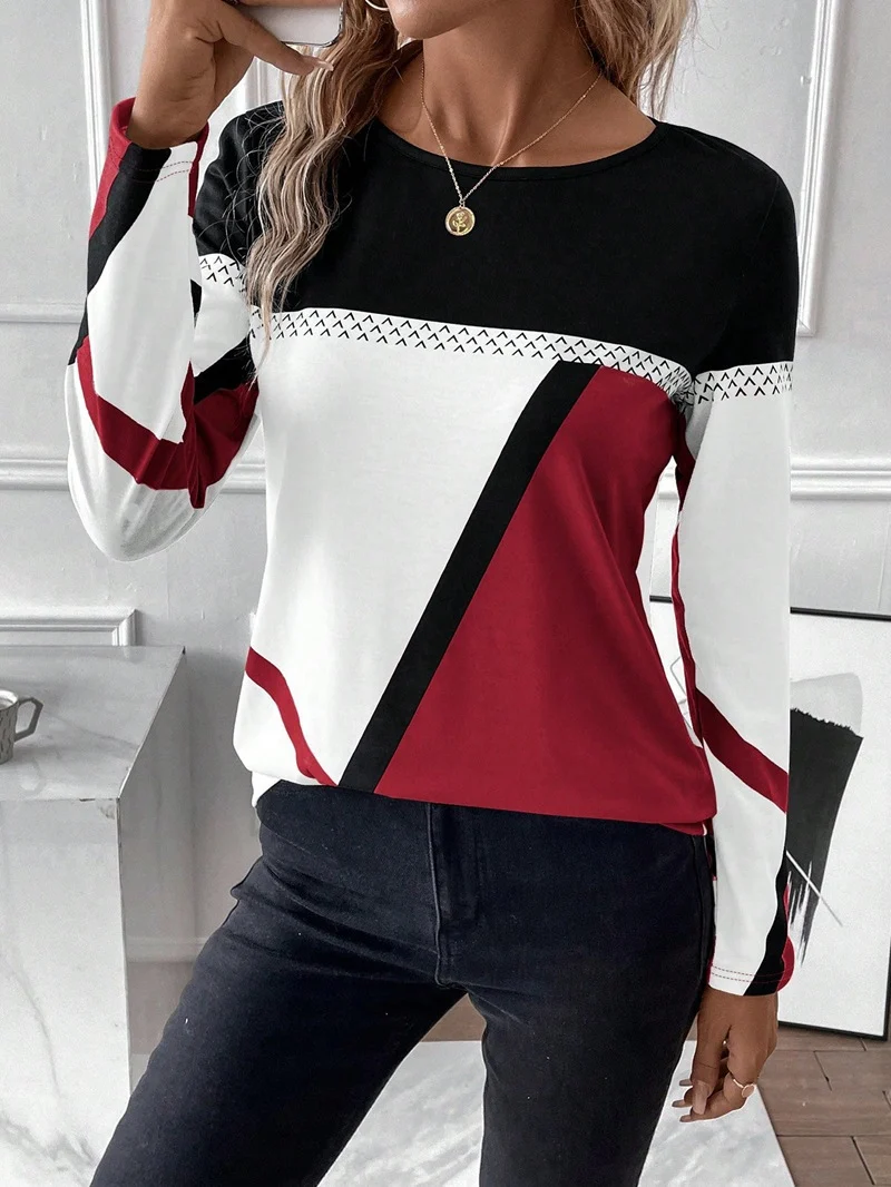 Damen Langarmshirt mit geometrischem Blockprint und Rundhalsausschnitt Drune