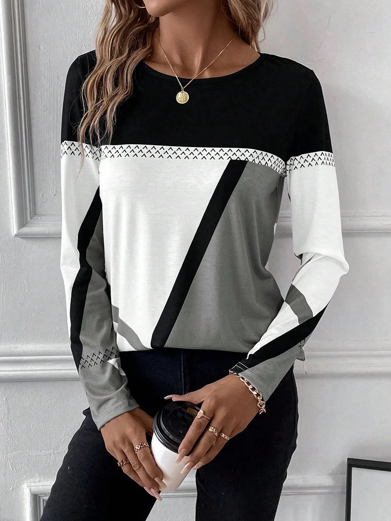 Damen Langarmshirt mit geometrischem Blockprint und Rundhalsausschnitt Drune