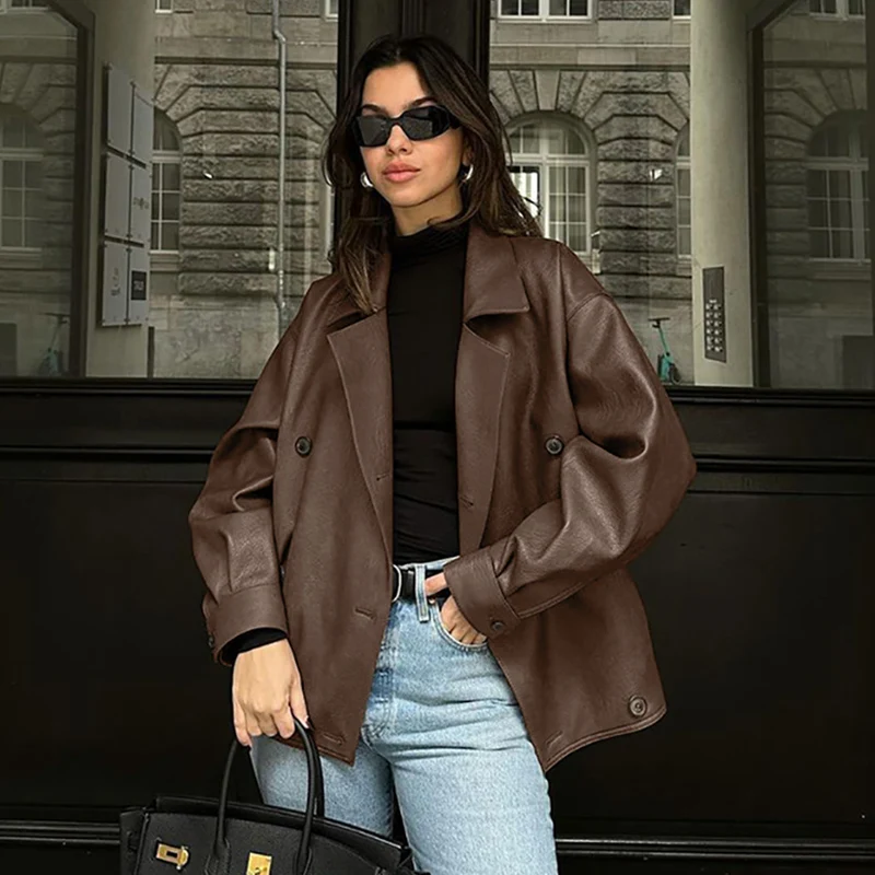 Damen Oversized-Bomberjacke aus Kunstleder mit doppelter Knopfleiste