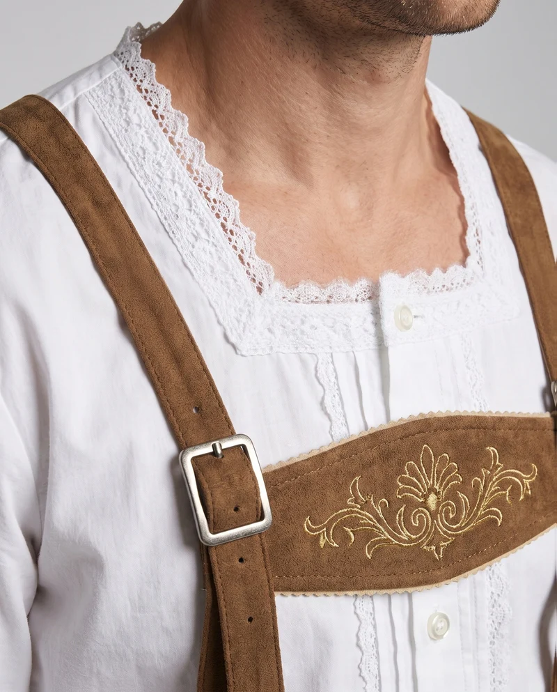 Herren Trachten-Lederhose mit kunstvollen Verzierungen und verstellbaren Trägern Drune