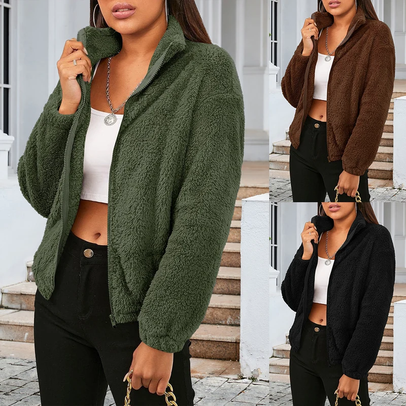Damen Kuschelige Kurzjacke aus Plüsch mit hohem Kragen und seitlichen Taschen Drune