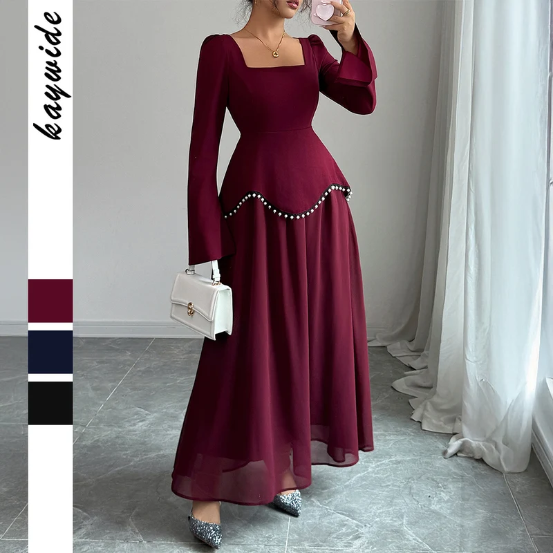 Damen nan elegantes Maxikleid mit quadratischem Ausschnitt, taillierter Schößchen-Passe und Perlenbordüre Drune