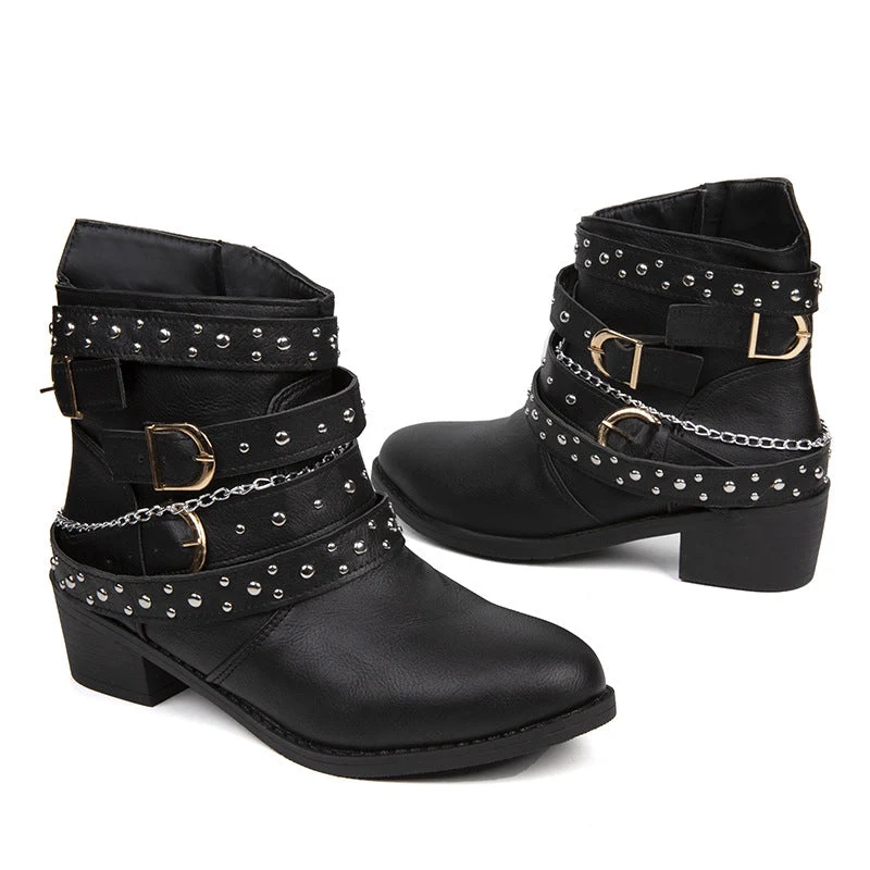 Damen Stiefeletten mit modischen Schnallen und dekorativen Nieten Drune