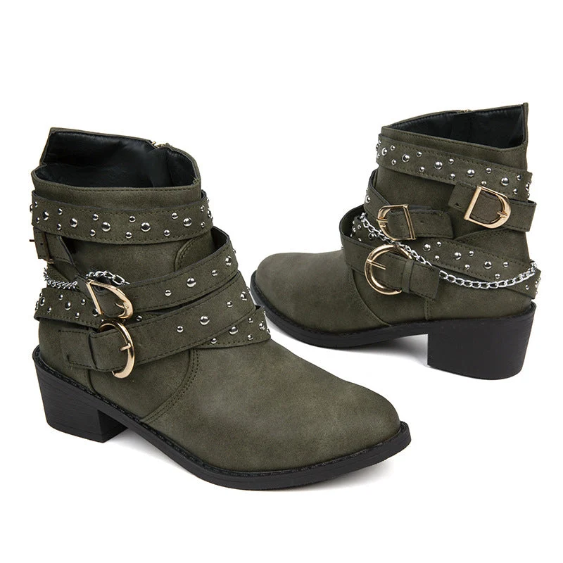Damen Stiefeletten mit modischen Schnallen und dekorativen Nieten Drune