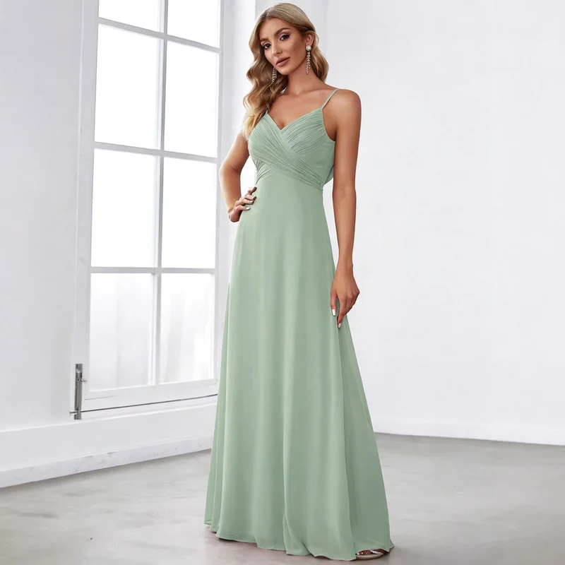 Damen nan fließendes Chiffon-Abendkleid mit überkreuzter Drapage, Empire-Taille und feinen Spaghettiträgern Drune