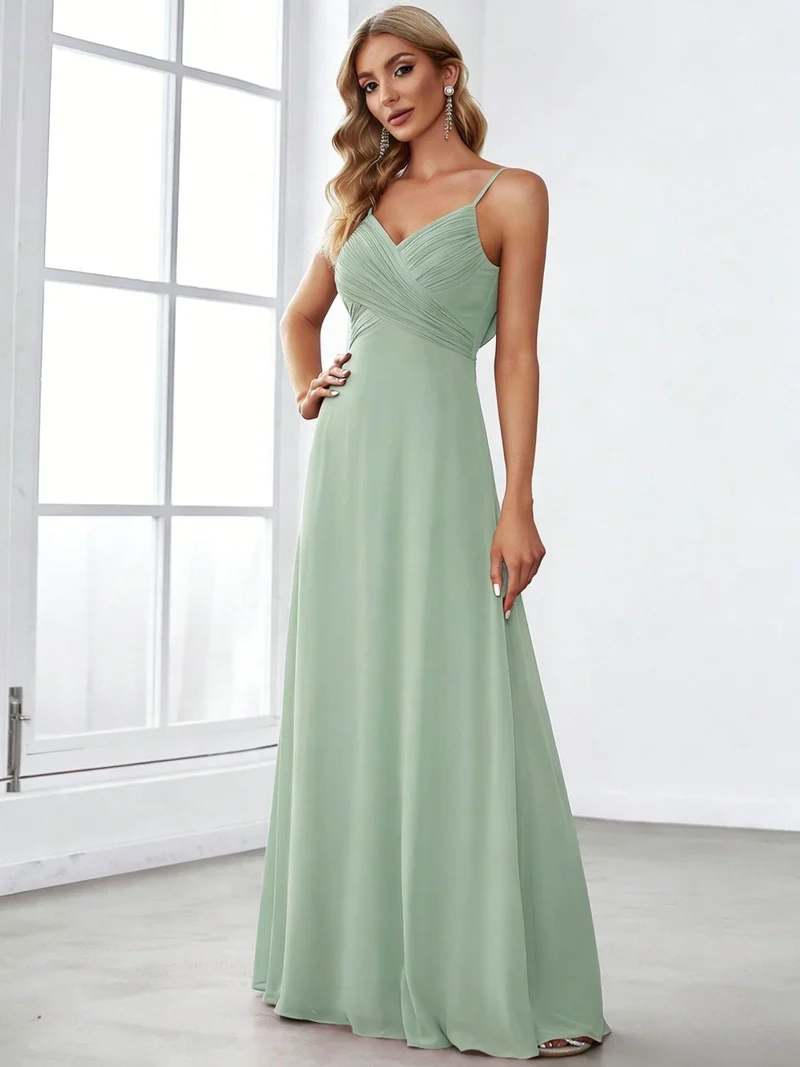 Damen nan fließendes Chiffon-Abendkleid mit überkreuzter Drapage, Empire-Taille und feinen Spaghettiträgern Drune