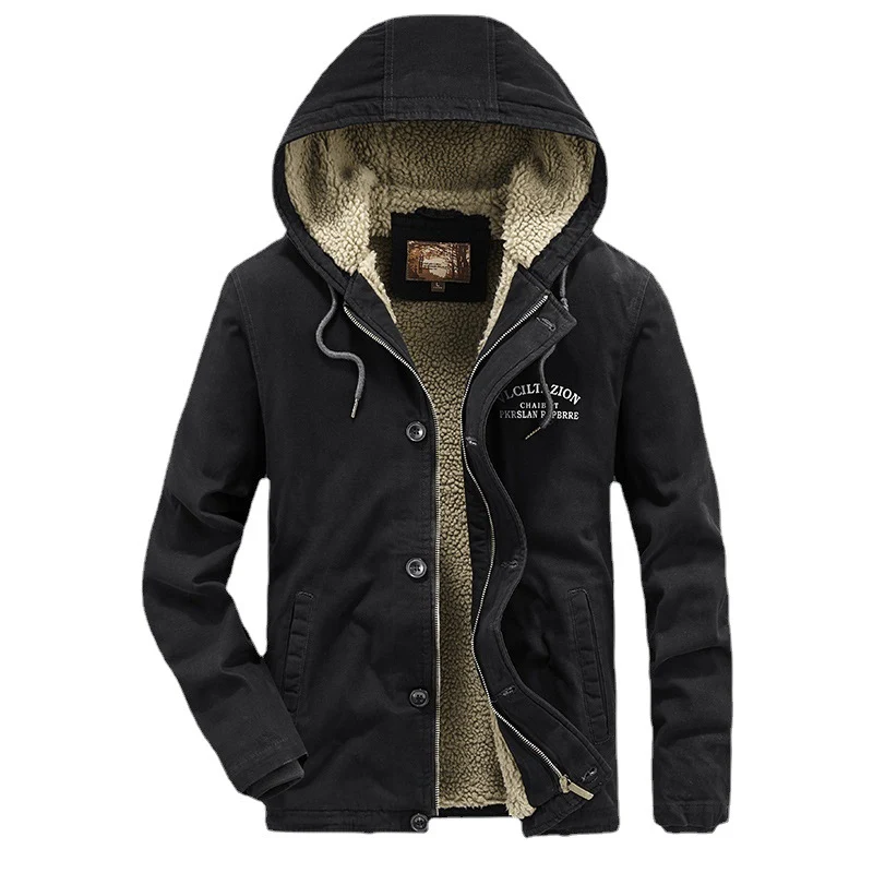 Herren Lässige Canvas-Kapuzenjacke mit durchgehendem Sherpa-Futter und doppelter Front Drune
