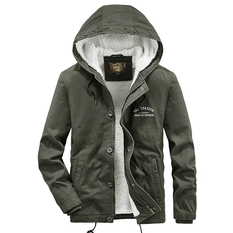 Herren Lässige Canvas-Kapuzenjacke mit durchgehendem Sherpa-Futter und doppelter Front Drune