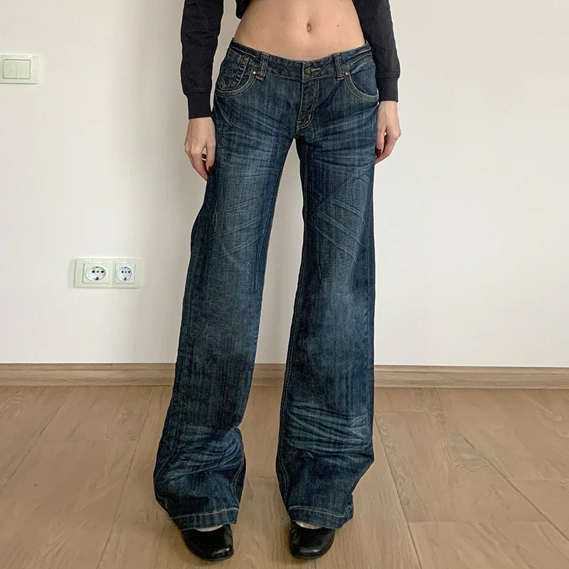 Damen Weite Jeans im Vintage-Stil mit hohem Bund und modischen Steppnähten Drune