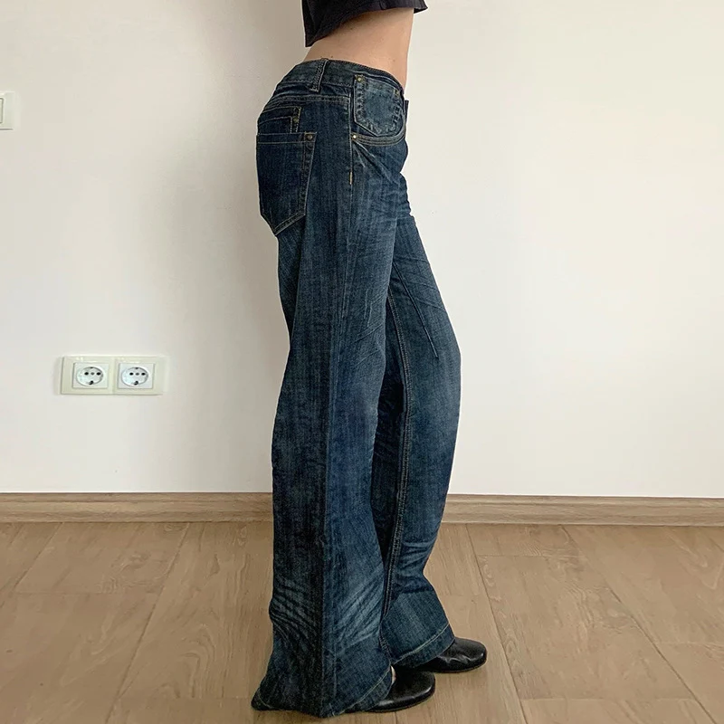 Damen Weite Jeans im Vintage-Stil mit hohem Bund und modischen Steppnähten Drune
