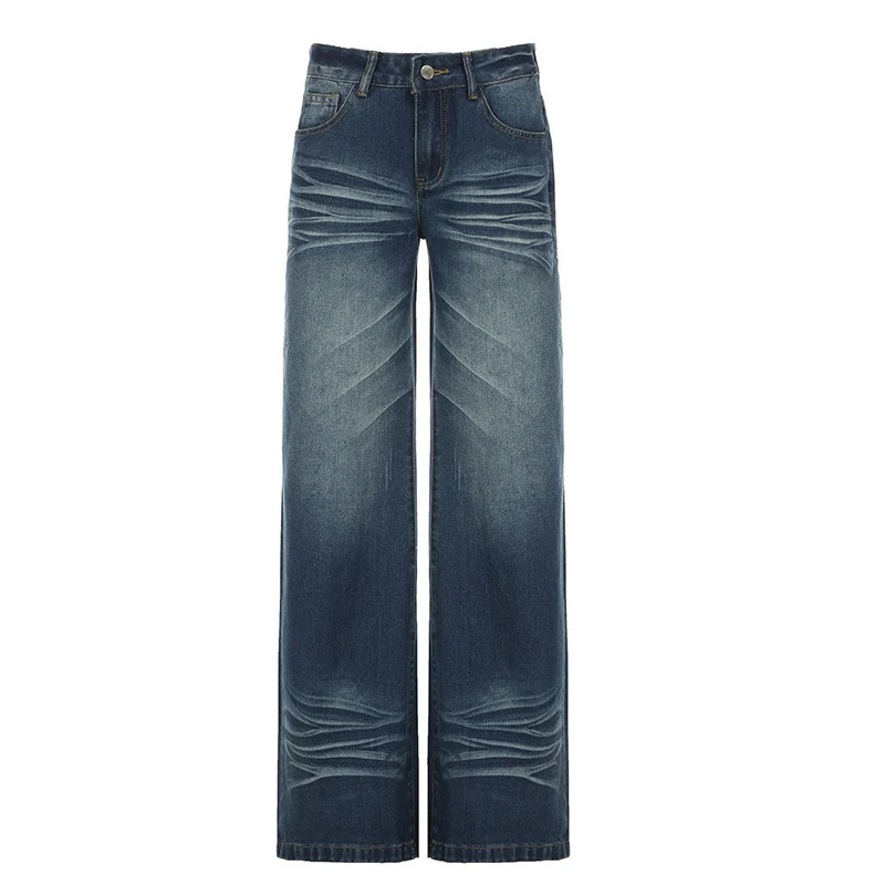 Damen Weite Jeans im Vintage-Stil mit hohem Bund und modischen Steppnähten Drune