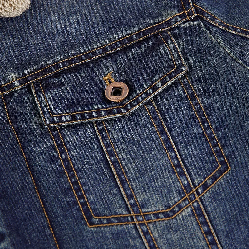 Herren Thermo-Denimjacke im Truckerstil mit vollem Teddyfleece-Innenfutter und hohem Umlegekragen Drune
