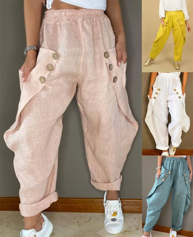 Damen Legere Leinenhose mit Knopfdetails und großen Taschen Drune