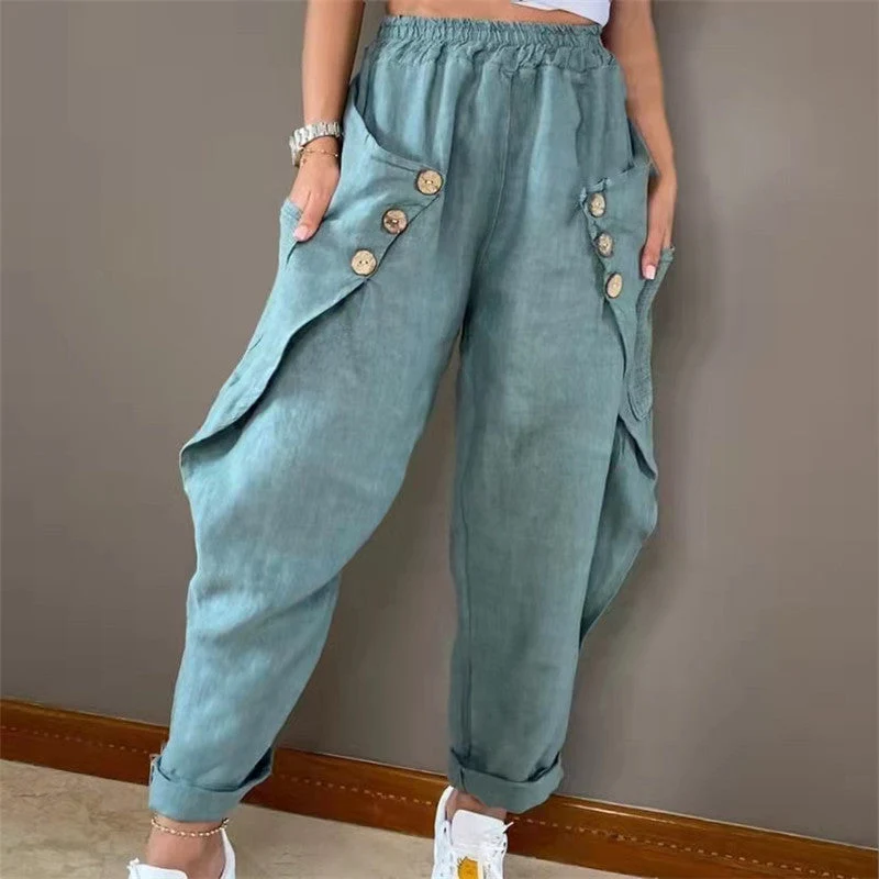 Damen Legere Leinenhose mit Knopfdetails und großen Taschen Drune