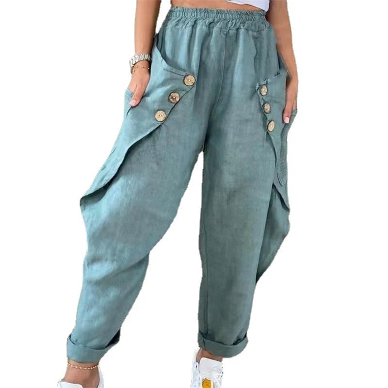 Damen Legere Leinenhose mit Knopfdetails und großen Taschen Drune