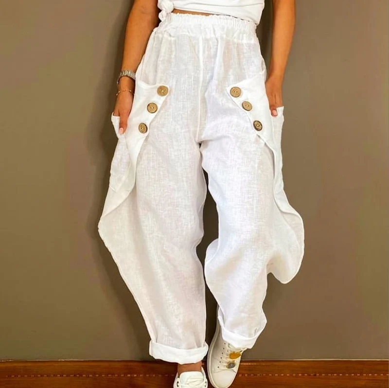 Damen Legere Leinenhose mit Knopfdetails und großen Taschen Drune
