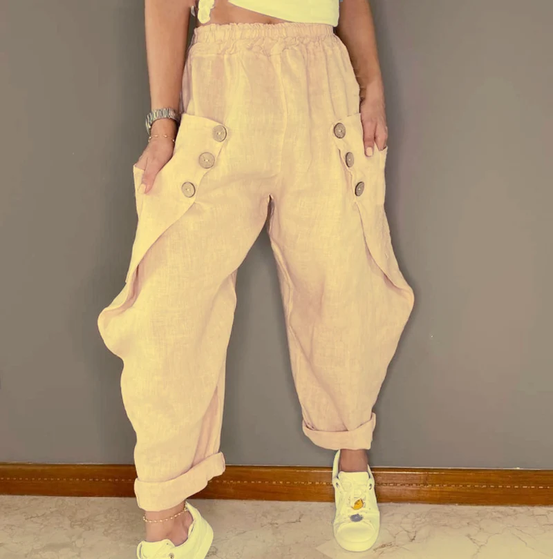 Damen Legere Leinenhose mit Knopfdetails und großen Taschen Drune