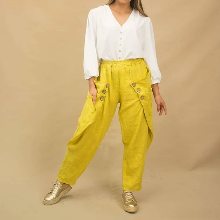 Damen Legere Leinenhose mit Knopfdetails und großen Taschen Drune