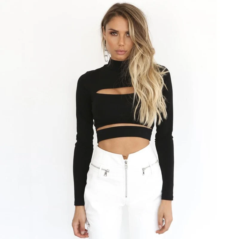 Damen Crop Top mit hochgeschlossenem Kragen und Cut-Outs Drune