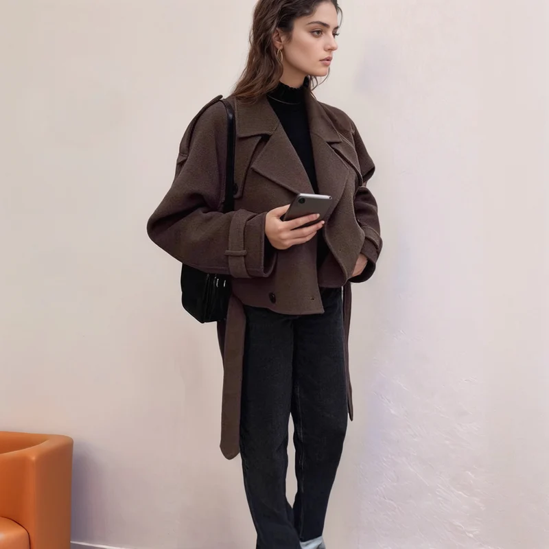 Damen modische cropped Jacke mit Doppelknopfverschluss und breitem Kragen Drune