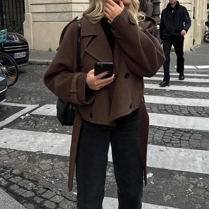 Damen modische cropped Jacke mit Doppelknopfverschluss und breitem Kragen Drune