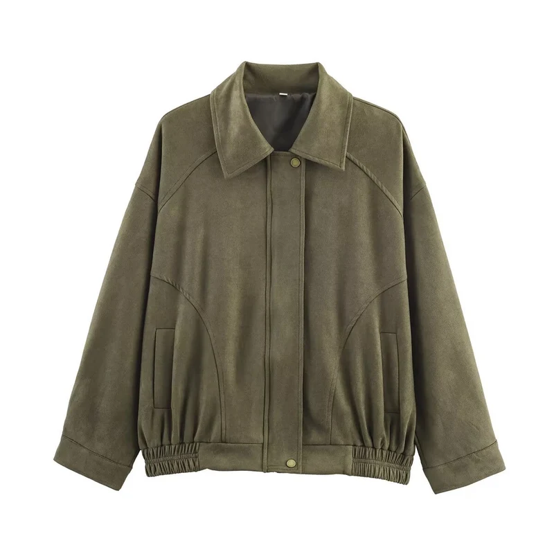 Damen lässige Wildlederjacke mit elastischem Bund und seitlichen Taschen Drune