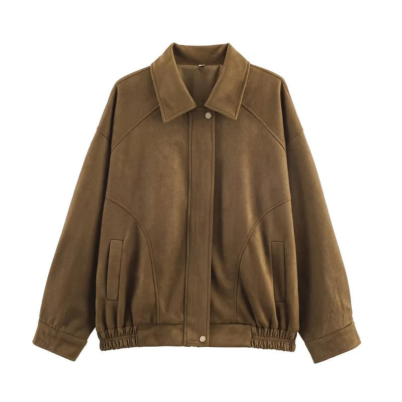 Damen lässige Wildlederjacke mit elastischem Bund und seitlichen Taschen Drune