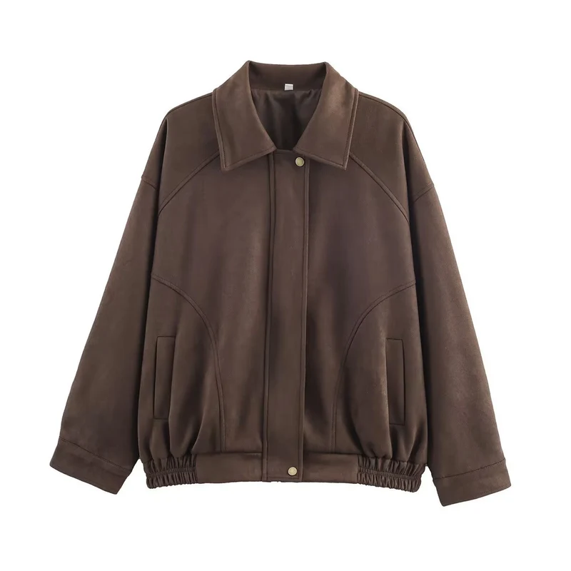 Damen lässige Wildlederjacke mit elastischem Bund und seitlichen Taschen Drune