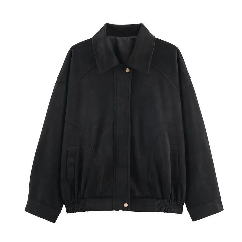 Damen lässige Wildlederjacke mit elastischem Bund und seitlichen Taschen Drune