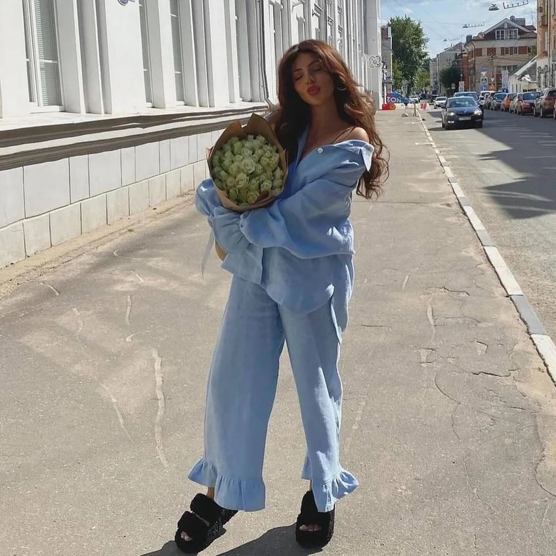 Damen lässiges Pyjama-Set aus atmungsaktiver Baumwolle Drune