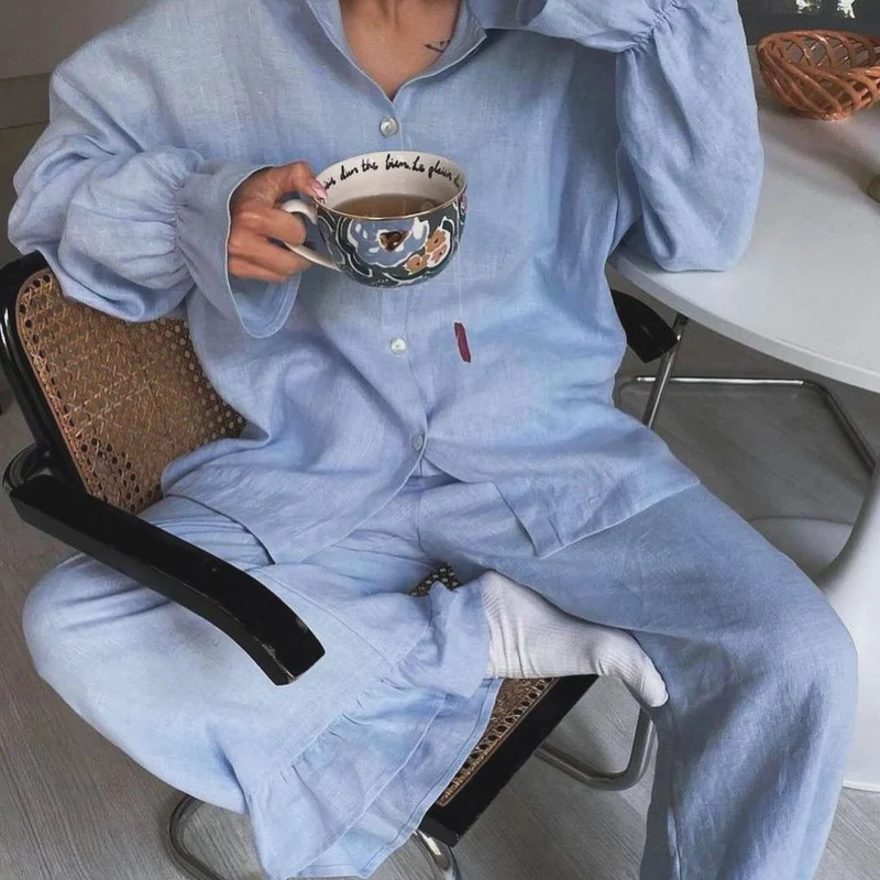 Damen lässiges Pyjama-Set aus atmungsaktiver Baumwolle Drune
