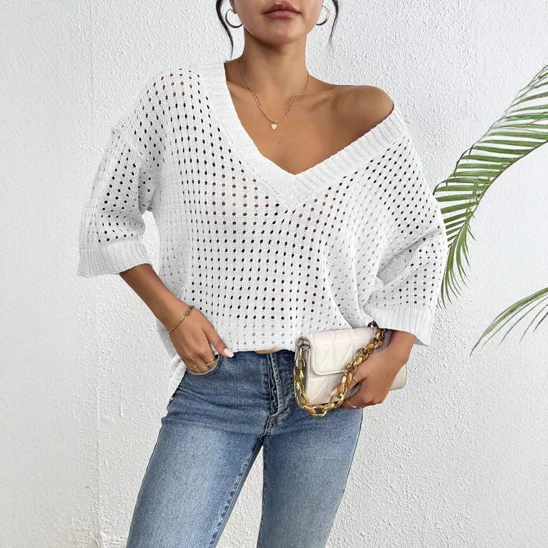 Damen luftiger Strickpullover mit V-Ausschnitt und dekorativem Lochmuster Drune