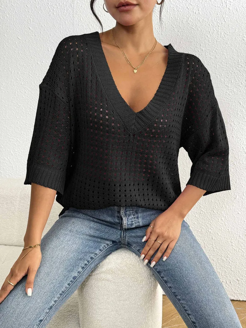 Damen luftiger Strickpullover mit V-Ausschnitt und dekorativem Lochmuster Drune