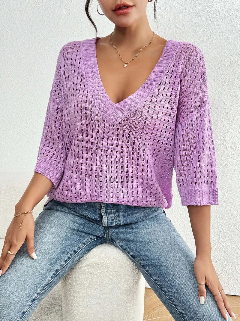 Damen luftiger Strickpullover mit V-Ausschnitt und dekorativem Lochmuster Drune