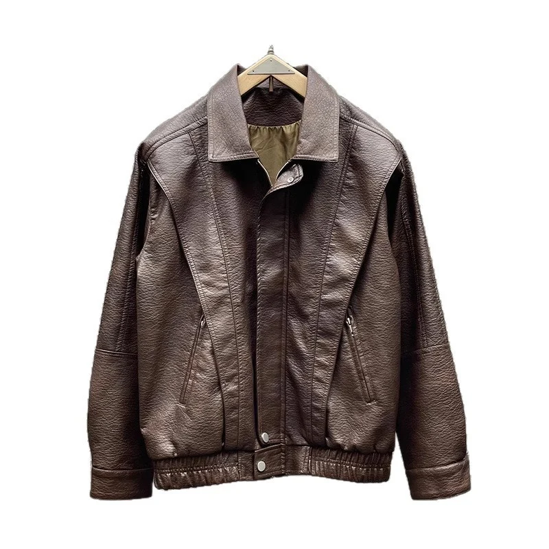 Herren Modische Kunstlederjacke mit hohem Kragen Drune